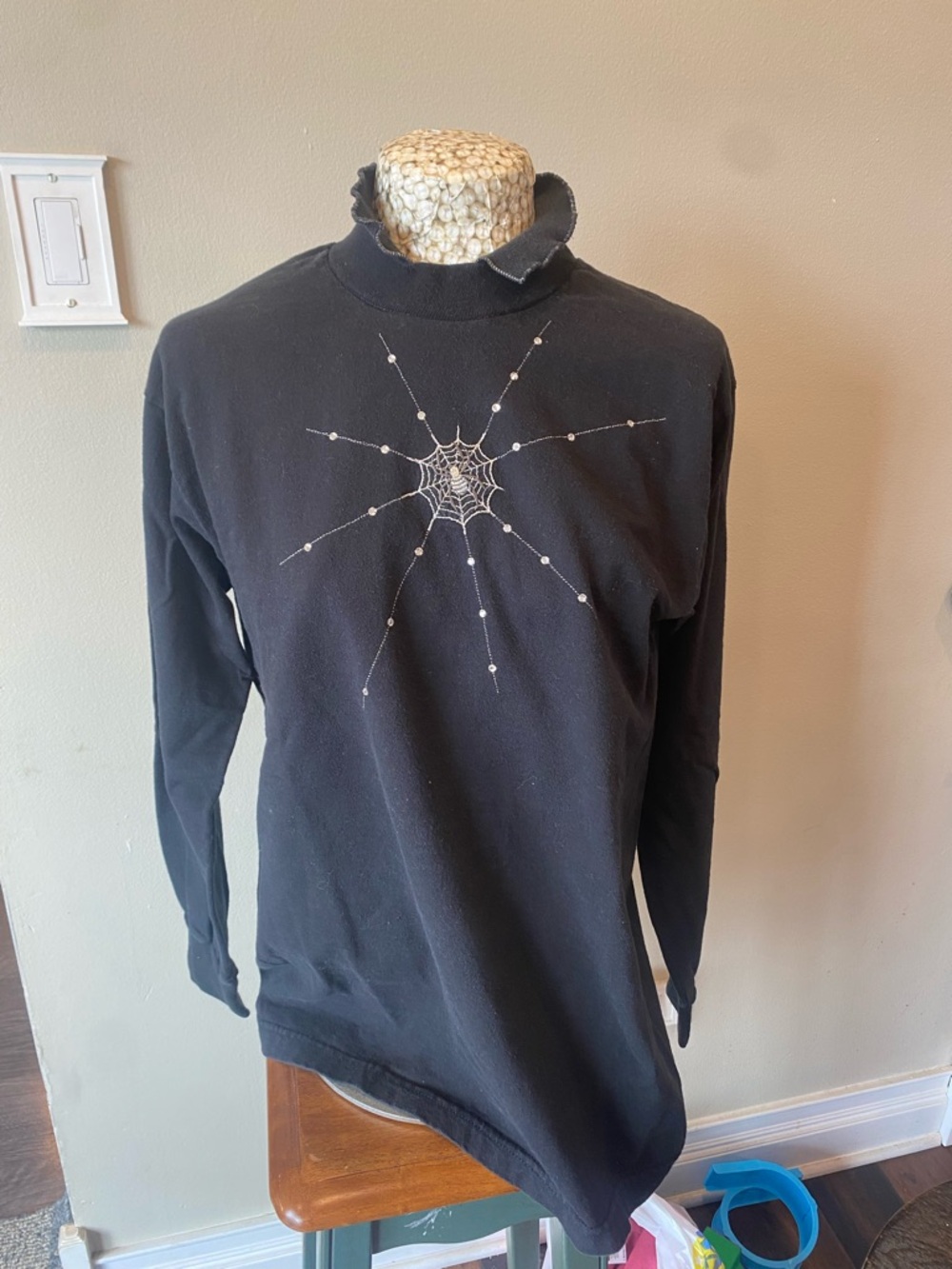 Vintage 90s Black Long-Sleeve Bedazzled Spider Web Graphic Shirt